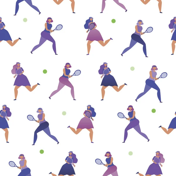以女子网球赛为概念的无缝隙图案在体育运动中的应用 在织物或纺织品上印刷时 用白色背景隔离女童帐篷的平面矢量图例 — 图库矢量图片