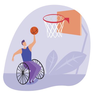 Engelli bir genç adam, yarışma, kapsayıcılık ve engellilerin etkinliği sona erdiğinde tekerlekli sandalyede basketbol oynuyor. Bir basketbol oyuncusuyla tekerlekli sandalyenin düz çizimi