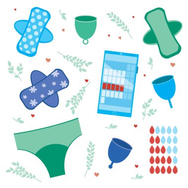 Regl bonesi, yeniden kullanılabilir pedler, regl belgeleri ve telefonda yeşil adet için bir takvim ya da sıfır atık. Çevre dostu hijyen objeleri içeren düz vektör stok çizimi. İzole edilmiş