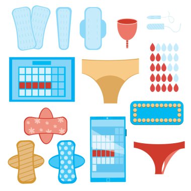 Adet sırasında ya da kretik günlerde kadın hijyen ürünleri. Düz vektör stok çizelgesi, ped, külot, kep, bez, takvim, kadın hijyeni için oral doğum kontrol ilaçları. Nesneler beyaz bir nesnede izole edilir.