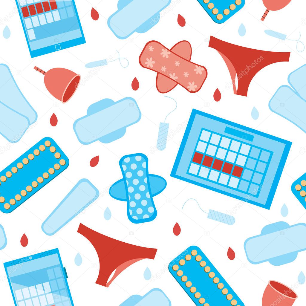 Seamless pattern with absorbent pads, underpants, tampons, oral contraceptives and a calendar for menstruation. Stock vector flat illustration with random objects for menstruation on a white background