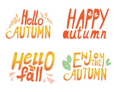 Sonbahar mektupları. Merhaba sonbahar, sonbaharın tadını çıkar. Beyaz arka planda izole edilmiş mutlu sonbahar. Harf seti veya tasarım etiketi olarak koleksiyonu olan vektör stok illüstrasyonu