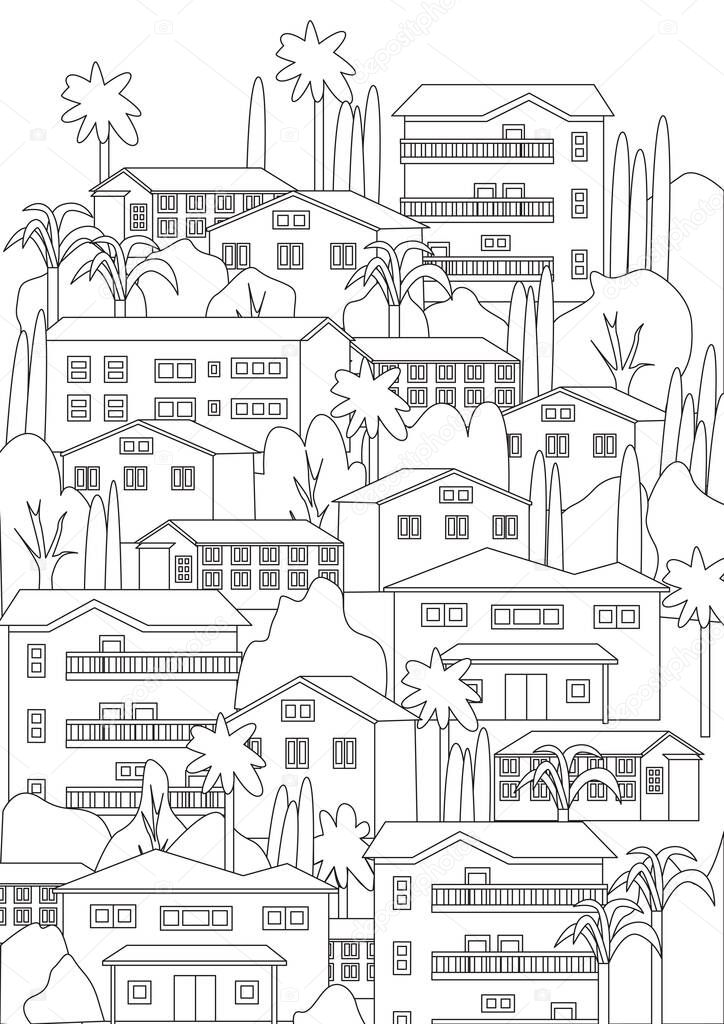 Coloring page with houses, cottages, balconies, a village and palm trees in the tropics. A4 Outline vector stock illustration with a colorless tropical village and architecture as a coloring