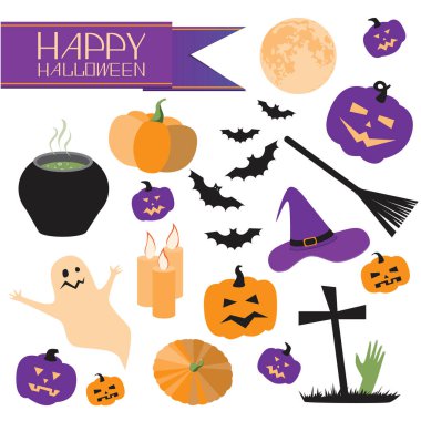 Cadılar Bayramı balkabağı, hayalet, şapka, süpürge, mezardaki zombi, yarasalar, ay ve mesaj. Tasarım için beyaz arka planda izole edilmiş Cadılar Bayramı 'nız kutlu olsun. Dekor kümesi veya koleksiyonu olan düz vektör stok illüstrasyonu