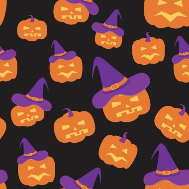 Şapkada balkabakları olan kusursuz desen mistisizm, gotik, cadılar bayramı, karanlık ve kara sanat kavramı. Bir cadılar bayramı partisi için dekorasyon olarak kabak suratlı düz vektör stoku çizimi