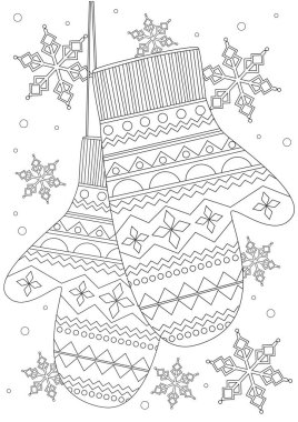 Eldivenli boyama sayfası Noel, kış ve soğuk konsepti. Siyah ve beyaz örgü eldivenli renksiz vektör çizimi ve yılbaşı veya yeni yıl için kar taneleri