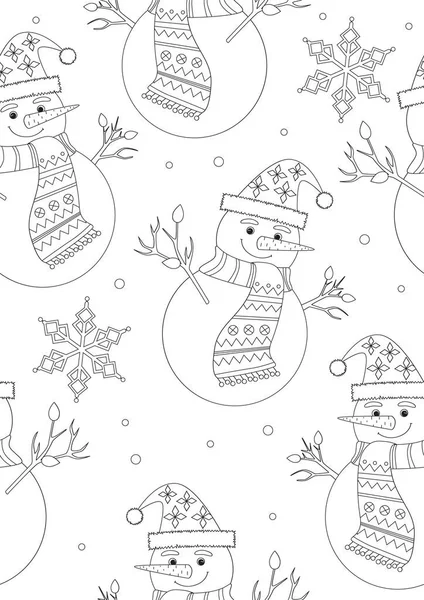 Seamless Pattern Coloring Page Cute Snowman Character Stress Coloring Book — Stock Vector