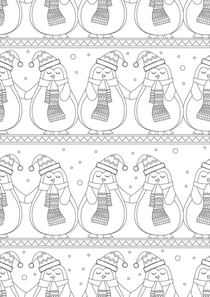 Бесшовный Узор Раскраска Страницы Милым Персонажем Пингвина Шарфом Качестве Концепции — стоковый вектор