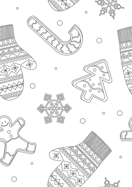 Seamless Pattern Coloring Page Ginger Man Cookies Mittens Snowflakes Concept — Stock Vector