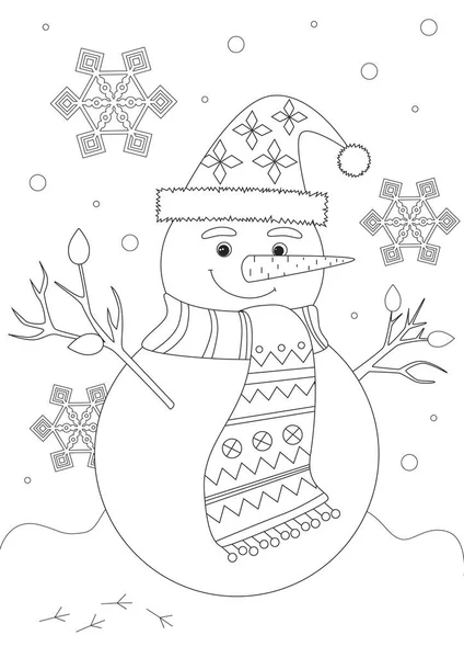 Noel, kış, bayram, kar gibi bir konsept olarak eşarp ve Noel şapkası takan sevimli bir kardan adamla boyama sayfası. Yetişkinler için stres önleme kitabı olarak renksiz vektör tablosu çizimi