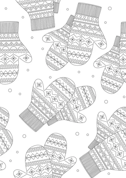 Seamless Pattern Coloring Page Mittens Stress Coloring Book Adults Printing — Stock Vector