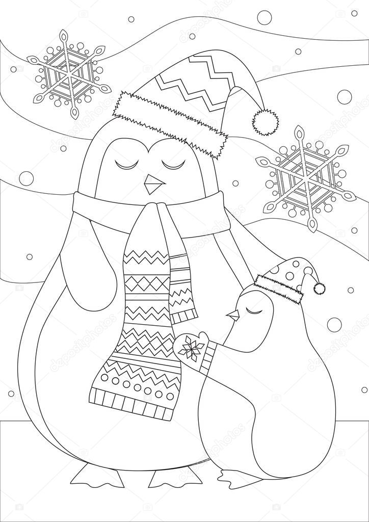 Coloring page with a cute penguin character with a child as a concept of motherhood, fatherhood, winter, christmas, cold, antarctica. Outline colorless vector stock illustration with a penguin as a coloring page