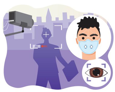 Yüz maskesi takan bir adamın yüz tanıma sistemi şehirdeki CCTV kameraları, kimlik, 4K yüz taraması, insanlar arıyor. Sabıkalı ve CCTV kameralı düz vektör stok illüstrasyonu