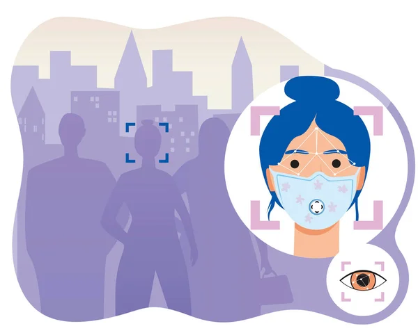 Face Recognition Young Girl Medical Mask Concept Video Surveillance Cameras — Stock Vector