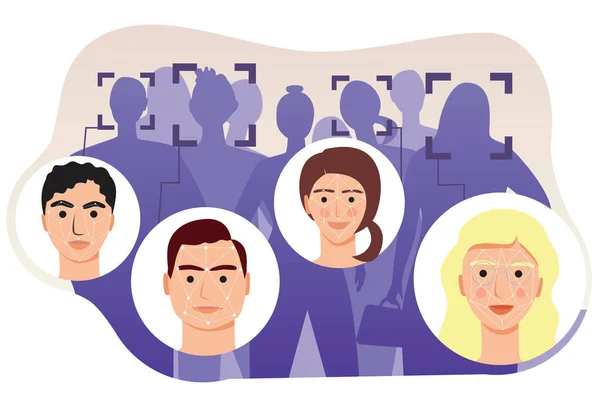 Şehirdeki insanların güvenlik kameraları, kimlik tespiti ve saldırganı arama konsepti olarak tanınması. Düz vektör stok illüstrasyonunda kadın ve erkek siluetleri, doğrulama, kimlik