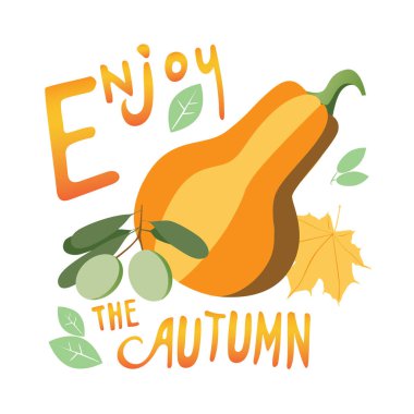 Balkabağı, zeytin, akçaağaç yaprağı vejetaryenlik, hasat, vejetaryenlik kavramı olarak beyaz arka planda izole edilmiş. Sebzeli ve hamurlu düz vektör çizimi Sonbaharın tadını çıkar