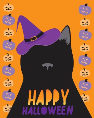 Cadı şapkası takan kara kedi, Cadılar Bayramı balkabağı ve üzerinde 