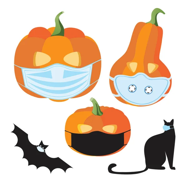 Κολοκύθα Halloween Ιατρική Μάσκα Νυχτερίδα Μαύρη Γάτα Απομονωμένη Λευκό Φόντο — Διανυσματικό Αρχείο