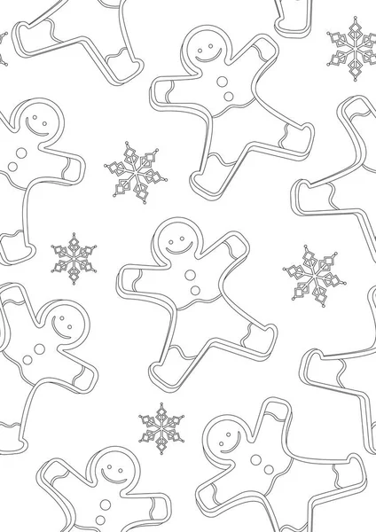 Seamless Pattern Gingerbread Men Christmas Antistress Coloring Page Adults Outline — Stock Vector