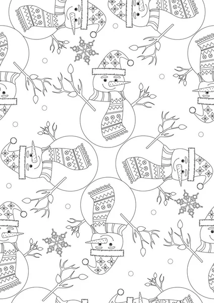 Coloring Page Seamless Pattern Snowmen Scarf Hat Stress Therapy Adults — Stock Vector