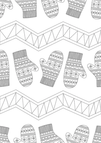 Coloring Page Seamless Pattern Mittens Christmas Stress Therapy Adults Outline — Stock Vector