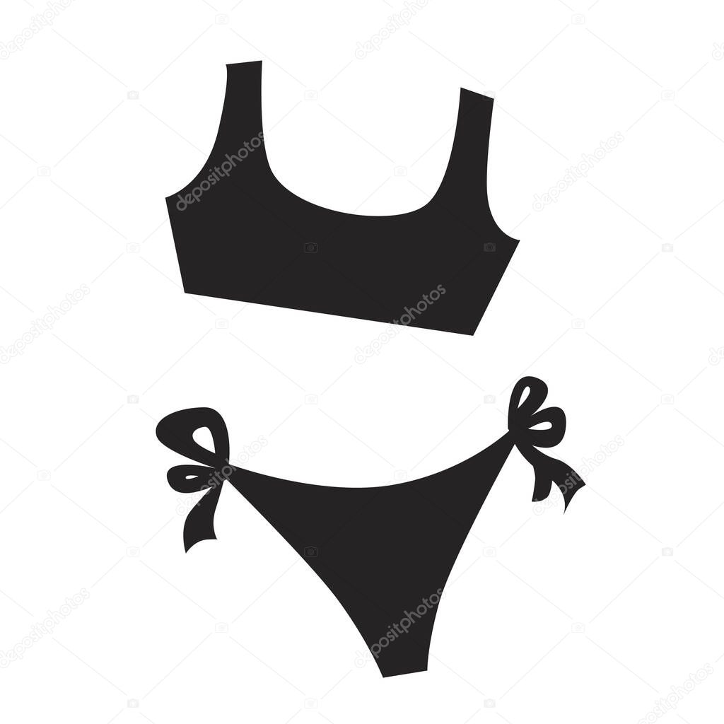 Fashionable swimsuit with sports bra and cute panties isolated on white background. Silhouette vector stock illustration with swimwear or womens bikini as icon, emblem, logo