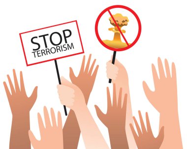 Halkın hoşnutsuzluğunu, savaşa karşı mitingleri, grevleri sona erdirmek için patlayıcı afişleri ve metni protesto etmek veya ellerle durdurmak. düz vektör stok illüstrasyonu ve protesto