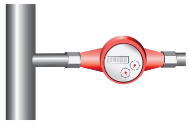 Tasarım için beyaz arka planda izole edilmiş sıcak su ya da gaz için borusu olan gerçekçi bir sayaç. 3D vektör stok illüstrasyonu ve modern tesisat teknolojileri konsepti olarak bir denetleyici