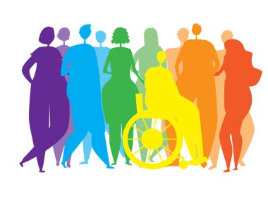 İnsanların, erkeklerin, kadınların siluetleri, lgbtq toplumunun kapsayıcılığına, hoşgörüye, eşitlik mücadelesine, gurura, gökkuşağı renklerine son vermek için tekerlekli sandalyedeki engelli insanlar. Beyaz bir taşrada izole edilmiş homoseksüellerle vektör hisse senedi çizimi
