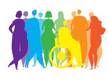 Silhouettes of people, men, women, disabled people in a wheelchair as an end to the inclusiveness of the lgbtq community, tolerance, struggle for equality, pride, rainbow colors. Vector stock illustration with homosexuals isolated on a white backgrou clipart