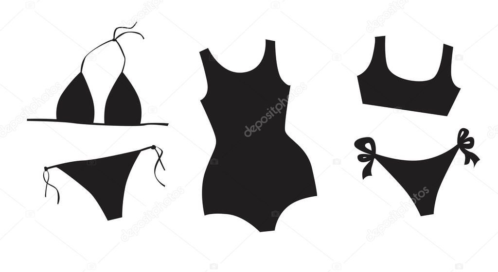 Black swimsuit silhouette isolated on white background for design. Silhouette vector stock illustration with set or collection of bikini, one-piece swimsuit for vacation, tanning, swimming as logo