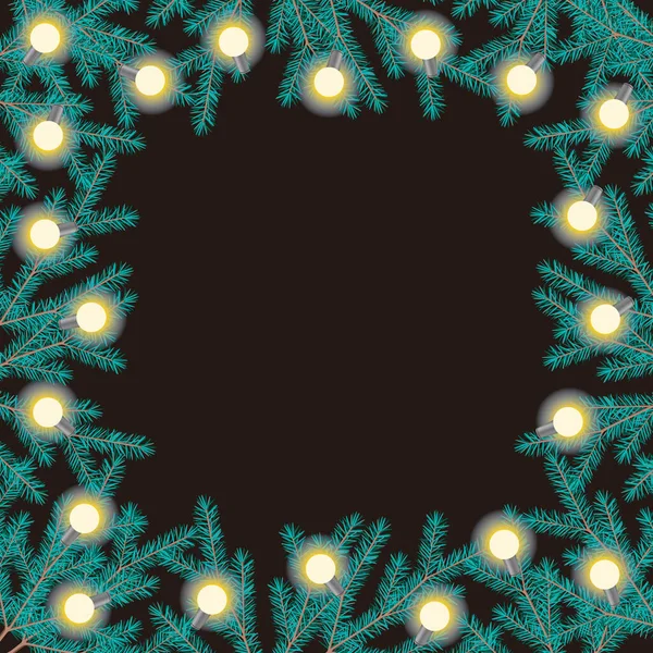 緑の針と黒の背景にテキストのための場所とモミの枝とクリスマステンプレート クリスマスツリーとガーランドとベクトルストックイラスト — ストックベクタ