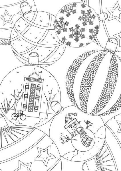 Окраска Страницы Рождественскими Шарами Концепция Нового Года Рождества Празднования Бесцветные — стоковый вектор
