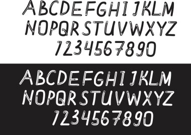 Metinleri, tipografiyi ve tasarımı oluşturmak için harfleri ve numaraları olan siyah beyaz yazı tipi. Beyaz arkaplanda siyah beyaz olarak izole edilmiş yazı tipi olarak vektör stoku illüstrasyonu