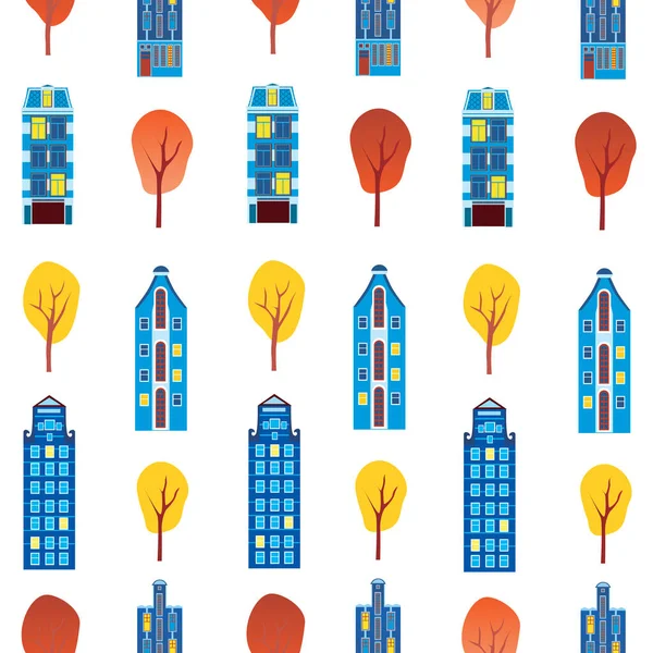 Seamless pattern with amsterdam houses and trees isolated on white background for printing on textile. Flat vector stock illustration with european houses of holland as background or backdrop