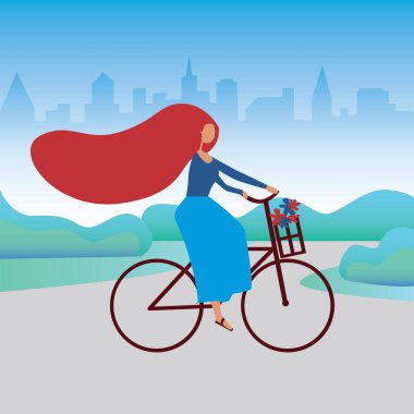 Bir bisikletçi şehir dışındaki bir parkta sepeti olan bir bisiklete biner. Bisikletli bir kızın spor, bisiklet, şehir eğlencesi, etkinlik, çevre dostu yaşam tarzı gibi düz vektör stok çizimi