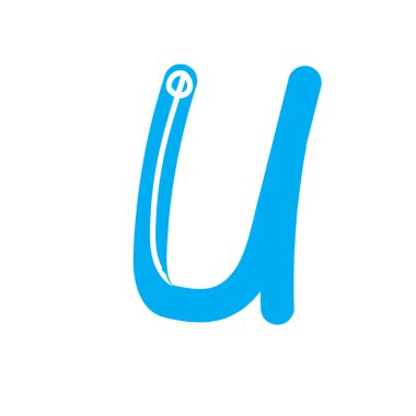 Latin alfabesinin U harfi beyaz arka planda iş için bir marka, logo ve amblem olarak izole edilmiştir. Tasarım için komik harfli mavi vektör stok çizimi