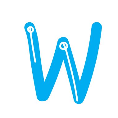 Latin alfabesinin W harfi beyaz arka planda iş için bir marka, logo ve amblem olarak izole edilmiştir. Tasarım için komik harfli mavi vektör stok çizimi