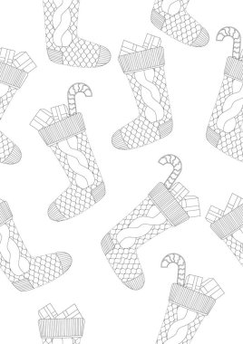 Kusursuz desenli ya da yetişkinler için stres terapisi olarak hediyeli Noel çoraplı boyama sayfası. Kış boyama kitabında basılmak üzere rastgele Noel çorapları içeren ana hatlı vektör stoku çizimi