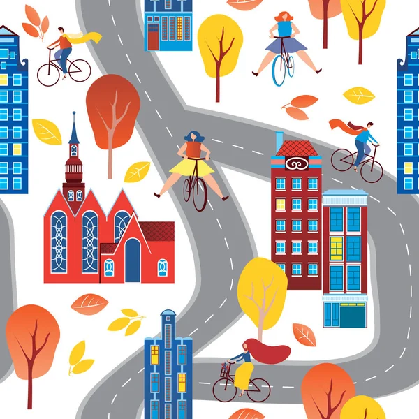 Seamless Pattern Amsterdam Houses Cyclists Trees Road Yellow Leaves Autumn — Stock Vector