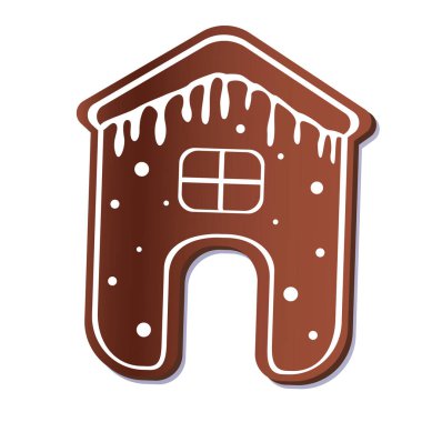 Noel dekoru için beyaz arka planda izole edilmiş zencefilli kurabiye gibi çikolatalı ev. Logo olarak şirin noel evi ya da yiyecekle amblemi olan vektör stok çizimi