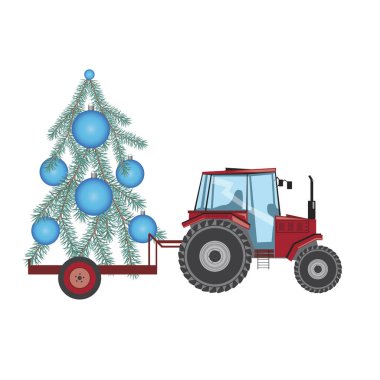 Bir karavanda Noel ağacı taşıyan traktör, beyaz bir arka planda izole edilmiş, bayram, noel teslimatı konsepti olarak. Çiftlik traktörü ve taşaklı noel ağacı ile düz vektör stoku çizimi