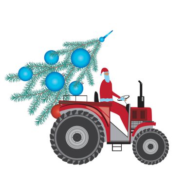 Noel Baba sürücüsüyle birlikte traktör Noel ağacının teslimatına yılbaşı, noel, yeni yıl konsepti olarak katılıyor. Beyaz arkaplanda izole edilmiş çiftlik traktörlü düz vektör stok çizimi