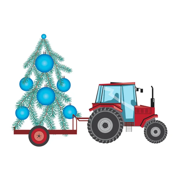 Traktor Mit Einem Weihnachtsbaum Einem Anhänger Isoliert Auf Weißem Hintergrund — Stockvektor