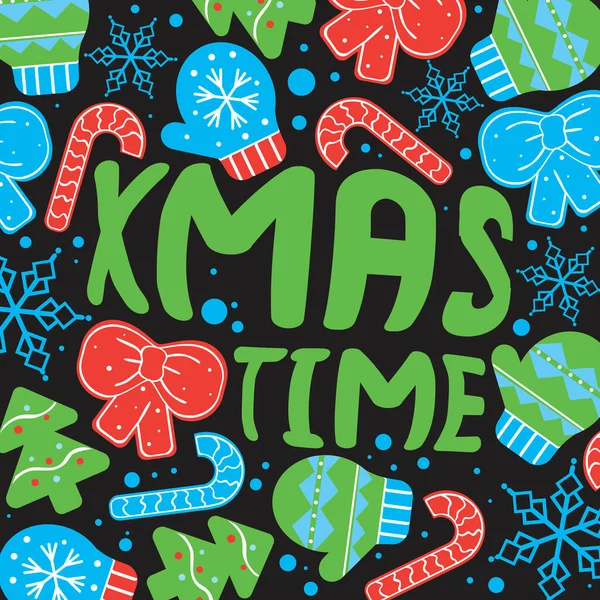 Letras Con Texto Tiempo Navidad Mitones Árbol Navidad Como Una — Archivo Imágenes Vectoriales