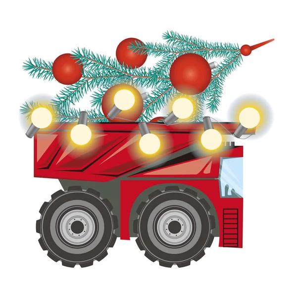 Lkw Mit Gerland Anlieferung Weihnachtsbaum Flache Vektorstock Illustration Isoliert Auf — Stockvektor