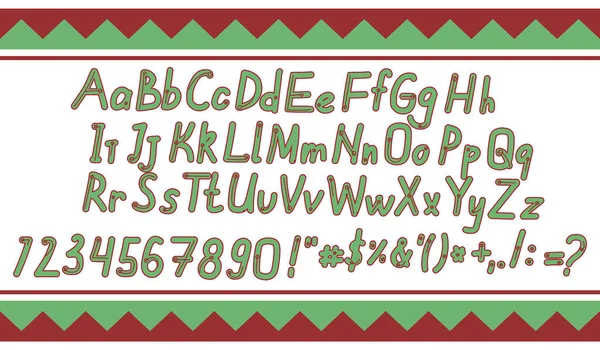 大文字と小文字 数字とデザインのための白の背景に隔離された記号を持つ緑のフォント かわいい漫画のフォント ラテン文字または英語のAbsとともに赤アウトライン — ストックベクタ