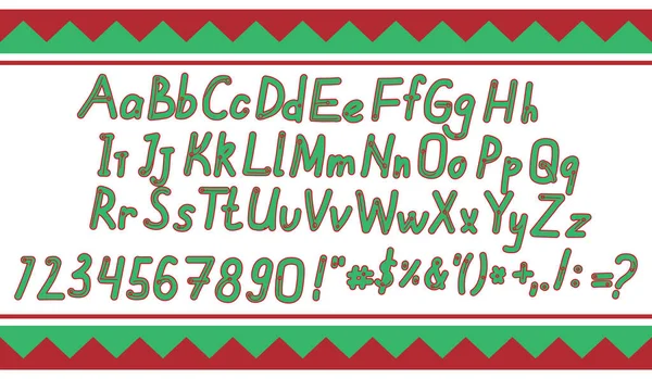 Büyük ve küçük harfli yeşil yazı tipi, dizayn için beyaz zemin üzerinde izole edilmiş sayılar ve semboller. Latince harfli şirin komik yazı tipi mi yoksa kırmızı çizgili İngiliz karın kası mı?