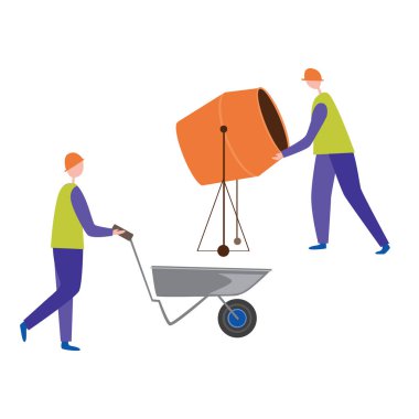 El arabası ve beton karıştırıcısı olan inşaat işçisi ya da çimento karıştırıcısı beyaz arka planda tasarlanmış. Mühendislerin çalışmalarının bir konsepti olarak düz vektör stok çizimi