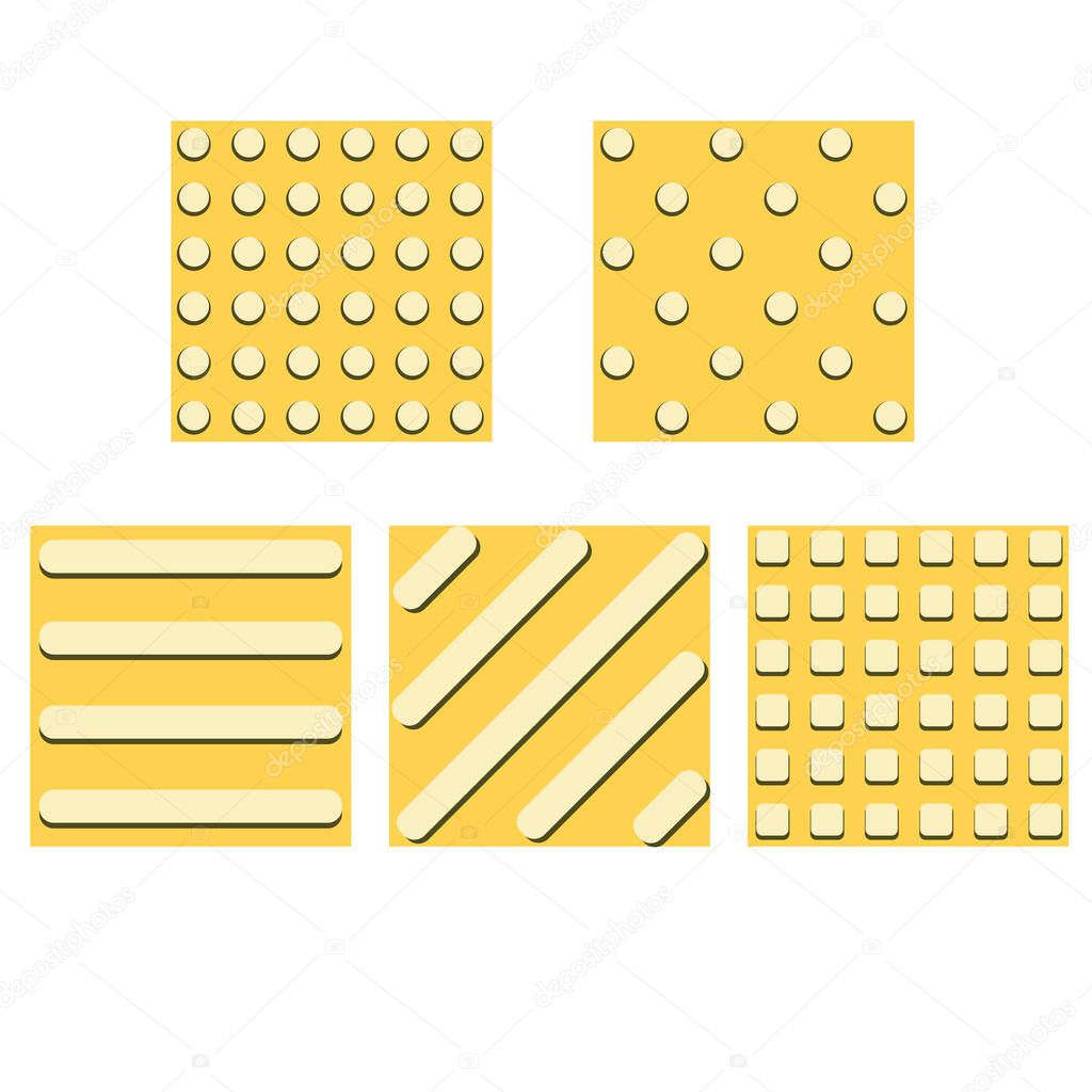 Tactile paving slabs isolated on white background for design. Flat vector stock illustration with set or collection of yellow tactile tiles for the blind as an inclusive city concept